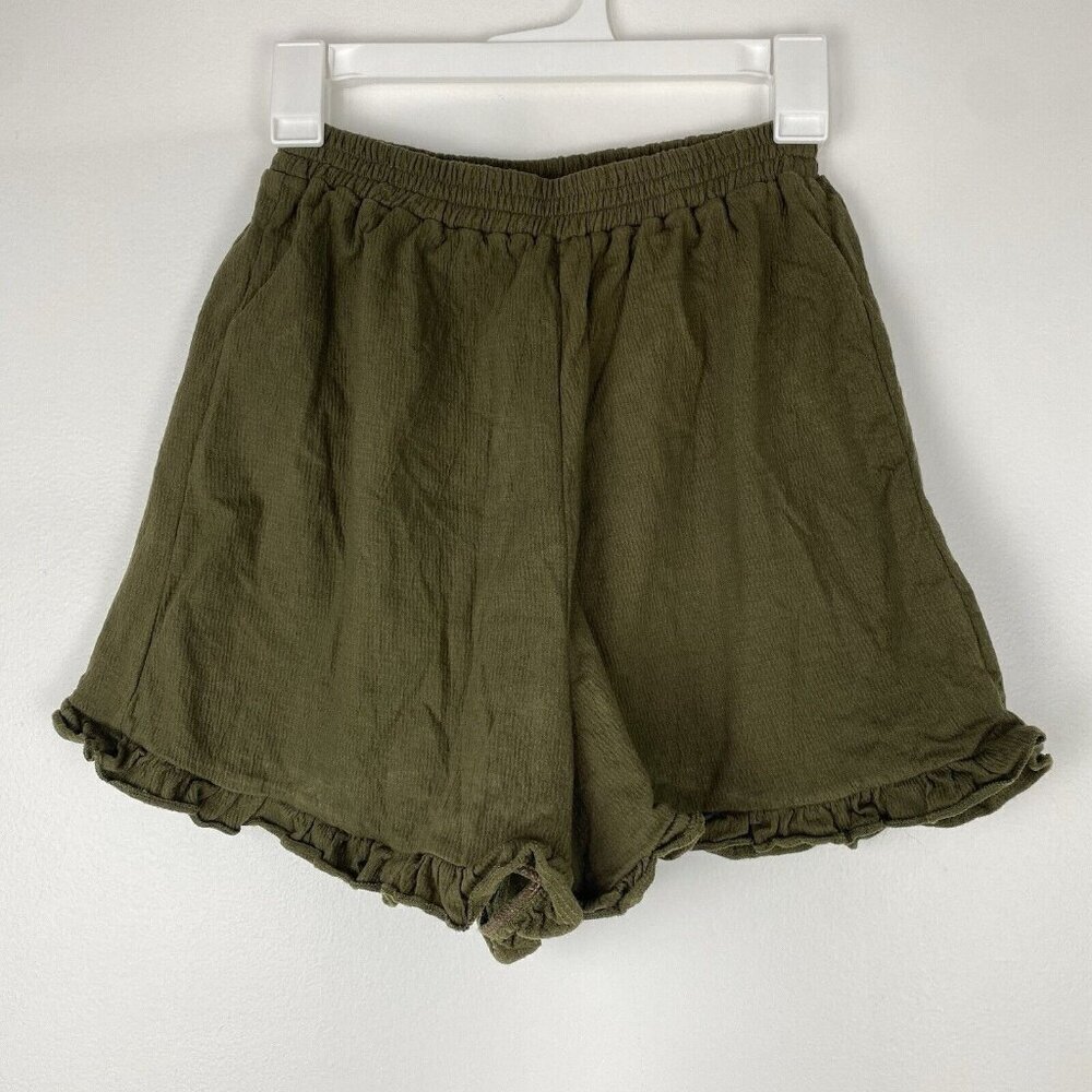 Asos Design Women's Elastic Waist Ruffle Short Size 4 Tall Green Cotton